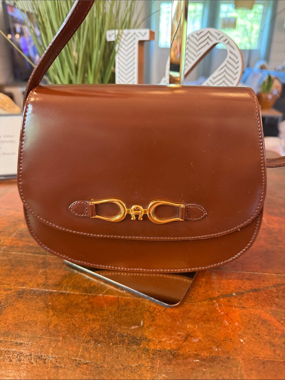 Etienne Aigner Chestnut Leather Saddle Bag with Gold Hardware